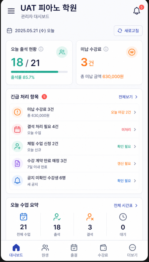 가상 원생 데이터가 표시된 원장님 AI 비서 모바일 관리자 화면
